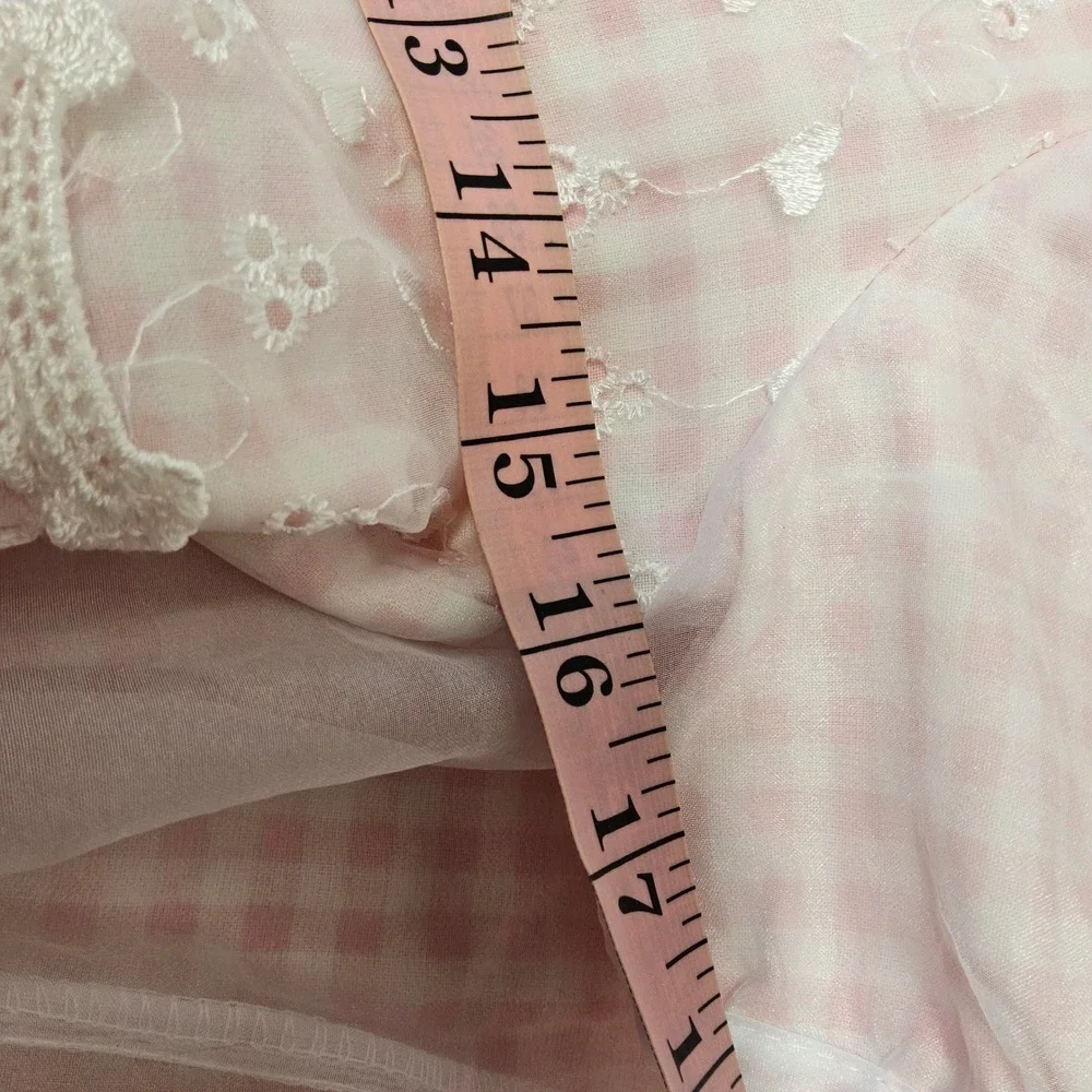 Vintage Girls Size 12 Pink Gingham‎ Organza Dress Lace Floral Pearl Accents USA